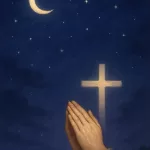 Imagem inspiradora e serena para oração cristã noturna, mostrando um céu noturno tranquilo com tons profundos de azul e roxo escuro. O céu está adornado com estrelas suaves e uma lua crescente brilhante. Em primeiro plano, uma luz dourada e prateada ilumina delicadamente uma cruz e mãos em oração, simbolizando proteção divina e fé. A paleta de cores é calma e suave, transmitindo paz, descanso e esperança espiritual.
