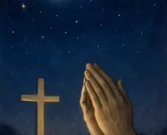 Imagem inspiradora e serena para oração cristã noturna, mostrando um céu noturno tranquilo em tons de azul profundo e roxo escuro. O céu está adornado com estrelas suaves e uma lua crescente brilhante. Em primeiro plano, uma luz dourada e prateada ilumina delicadamente uma cruz e mãos em oração, simbolizando proteção divina e fé. A atmosfera geral transmite tranquilidade, descanso e esperança, com uma combinação de cores suaves e calmantes que representam a luz divina na escuridão.
