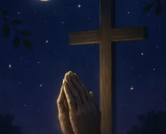 Imagem serena e inspiradora para oração cristã noturna, mostrando um céu noturno em tons profundos de azul e roxo escuro com uma lua crescente suave e estrelas brilhantes. Luzes douradas e prateadas iluminam delicadamente uma cruz e mãos em oração, simbolizando proteção divina e fé. Folhas verdes suaves sugerem uma brisa tranquila, transmitindo paz, serenidade e esperança espiritual na escuridão.