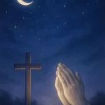 Imagem inspiradora e serena para oração cristã noturna, mostrando um céu noturno pacífico com tons profundos de azul e roxo escuro. O céu está adornado com estrelas suaves e uma lua crescente brilhante. Em primeiro plano, uma luz dourada e prateada suave ilumina delicadamente uma cruz e mãos em oração, simbolizando proteção divina e fé. A atmosfera geral transmite paz, calma e esperança, com uma aura espiritual e reconfortante, adequada para uma oração noturna. As cores são suaves e calmantes, combinando azuis, roxos e pretos com toques de dourado e prata que representam a luz divina na escuridão.