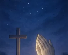 Imagem inspiradora e serena para oração cristã noturna, mostrando um céu noturno pacífico com tons profundos de azul e roxo escuro. O céu está adornado com estrelas suaves e uma lua crescente brilhante. Em primeiro plano, uma luz dourada e prateada suave ilumina delicadamente uma cruz e mãos em oração, simbolizando proteção divina e fé. A atmosfera geral transmite paz, calma e esperança, com uma aura espiritual e reconfortante, adequada para uma oração noturna. As cores são suaves e calmantes, combinando azuis, roxos e pretos com toques de dourado e prata que representam a luz divina na escuridão.
