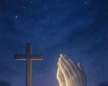 Imagem inspiradora e serena para oração cristã noturna, mostrando um céu noturno pacífico com tons profundos de azul e roxo escuro. O céu está adornado com estrelas suaves e uma lua crescente brilhante. Em primeiro plano, uma luz dourada e prateada suave ilumina delicadamente uma cruz e mãos em oração, simbolizando proteção divina e fé. A atmosfera geral transmite paz, calma e esperança, com uma aura espiritual e reconfortante, adequada para uma oração noturna. As cores são suaves e calmantes, combinando azuis, roxos e pretos com toques de dourado e prata que representam a luz divina na escuridão.