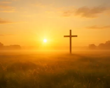 Imagem serena de um nascer do sol radiante sobre um campo tranquilo, simbolizando um novo começo cheio de esperança e fé.