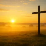 Imagem de um nascer do sol radiante sobre um campo tranquilo, simbolizando um novo começo cheio de esperança e fé.