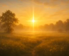 Imagem de um nascer do sol radiante sobre um campo tranquilo, simbolizando um novo começo cheio de esperança e fé.