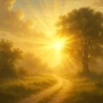 Imagem de um amanhecer radiante com raios de sol iluminando um caminho sereno, simbolizando esperança e fé para o novo dia.