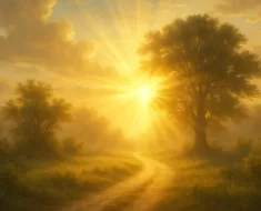 Imagem de um amanhecer radiante com raios de sol iluminando um caminho sereno, simbolizando esperança e fé para o novo dia.