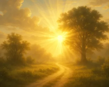 Imagem de um amanhecer radiante com raios de sol iluminando um caminho sereno, simbolizando esperança e fé para o novo dia.
