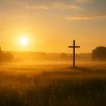 Imagem de um nascer do sol radiante sobre um campo tranquilo, simbolizando um novo começo cheio de esperança e fé.