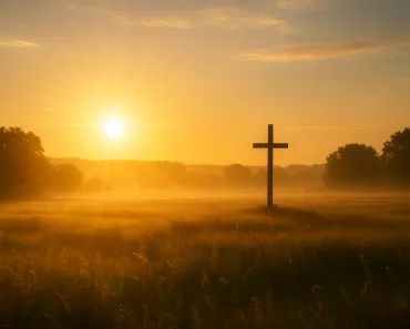 Imagem de um nascer do sol radiante sobre um campo tranquilo, simbolizando um novo começo cheio de esperança e fé.