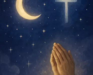 Imagem inspiradora e serena para oração cristã noturna, mostrando um céu noturno pacífico com tons profundos de azul e roxo escuro. A lua brilha suavemente, acompanhada por estrelas cintilantes e luzes douradas e prateadas que simbolizam esperança e proteção divina. Elementos cristãos sutis estão presentes, como uma cruz suave e mãos em oração, integrados harmoniosamente na cena. A atmosfera transmite paz, serenidade, fé e proteção divina, com cores suaves e calmantes que criam um ambiente espiritual e reconfortante para o descanso noturno.