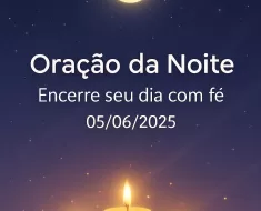 Imagem vertical 1000x1500 pixels otimizada para Pinterest com fundo de céu noturno estrelado em azul-escuro profundo e transições suaves em lilás. Uma lua dourada suave e serena brilha no céu, acompanhada por velas douradas que emitem uma luz quente e acolhedora. Elementos visuais transmitem paz e espiritualidade, com uma atmosfera noturna tranquila e reconfortante. No centro da imagem, o texto em branco com fonte suave e legível Montserrat, Raleway ou Lato diz: "Oração da Noite – Encerre seu dia com fé 05/06/2025", posicionado harmoniosamente para não interferir nos elementos visuais. O design é limpo, minimalista, profissional e acolhedor, ideal para conteúdo de oração e meditação noturna.