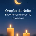 Imagem vertical 1000x1500 pixels otimizada para Pinterest com fundo de céu noturno azul-escuro profundo estrelado. Uma lua dourada suave e serena brilha no céu, acompanhada por luzes douradas de velas que emanam um brilho acolhedor e pacífico. O design é limpo e minimalista, transmitindo uma atmosfera de tranquilidade e espiritualidade. No centro da imagem, o texto em branco, em fonte suave e elegante (Montserrat ou Raleway), diz: "Oração da Noite – Encerre seu dia com fé 17/06/2025", claramente legível e harmoniosamente posicionado para não interferir nos elementos visuais. A paleta de cores inclui azul-escuro, lilás suave, branco e dourado, criando uma sensação reconfortante e serena, ideal para conteúdo de oração e meditação noturna.