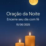 Imagem vertical 1000x1500 pixels otimizada para Pinterest com fundo de céu noturno azul-escuro profundo estrelado. Uma lua dourada suave e serena brilha no céu, acompanhada por luzes douradas de velas que emanam um brilho acolhedor e pacífico. Transições suaves em lilás complementam o fundo, criando uma atmosfera tranquila e reconfortante. No centro da imagem, o texto em branco "Oração da Noite – Encerre seu dia com fé 15/06/2025" está escrito em fonte elegante e suave, como Montserrat ou Raleway, garantindo legibilidade e harmonia com os elementos visuais. O design é limpo, minimalista e transmite uma sensação de paz, espiritualidade e serenidade, ideal para conteúdo de oração e meditação noturna.