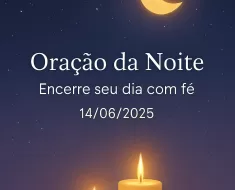 Imagem vertical 1000x1500 pixels otimizada para Pinterest com fundo de céu noturno estrelado em azul-escuro profundo e transições suaves em lilás. Uma lua dourada suave e serena brilha no céu, acompanhada por velas douradas que emitem uma luz quente e acolhedora. O design é limpo e minimalista, transmitindo uma atmosfera de paz, espiritualidade e tranquilidade noturna. No centro da imagem, o texto em branco, em fonte suave e elegante Montserrat, diz: 'Oração da Noite – Encerre seu dia com fé 14/06/2025', claramente legível e harmoniosamente posicionado para não interferir nos elementos visuais. A paleta de cores inclui azul-escuro, lilás suave, branco e dourado, criando uma sensação reconfortante e espiritual, ideal para conteúdo de oração e meditação noturna.
