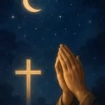 Imagem serena e inspiradora para oração cristã noturna, mostrando um céu noturno pacífico com tons profundos de azul e roxo escuro. Uma lua crescente brilhante e estrelas cintilantes iluminam suavemente a cena. Em primeiro plano, uma cruz elegante e mãos em oração são iluminadas por uma luz dourada suave, simbolizando proteção divina, fé e esperança. A combinação de cores suaves e elementos dourados e prateados transmite paz, serenidade e luz divina na escuridão, ideal para um blog cristão de oração noturna.