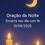 Imagem vertical 1000x1500 pixels otimizada para Pinterest com fundo de céu noturno azul-escuro profundo estrelado e transições suaves em lilás. Uma lua dourada suave e serena brilha no céu, acompanhada por velas douradas que emitem uma luz quente e acolhedora. O design é limpo e minimalista, transmitindo uma atmosfera de paz, espiritualidade e tranquilidade noturna. No centro da imagem, o texto em branco "Oração da Noite – Encerre seu dia com fé 13/06/2025" está escrito em fonte suave e legível, harmoniosamente posicionado para não interferir nos elementos visuais. A paleta de cores inclui azul-escuro, lilás suave, branco e dourado, criando uma sensação reconfortante e espiritual, ideal para conteúdo de oração e meditação noturna em redes sociais.