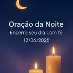 Imagem vertical 1000x1500 pixels otimizada para Pinterest com fundo de céu noturno azul-escuro profundo estrelado. Uma lua dourada suave e serena brilha no céu, acompanhada por luzes douradas de velas que emanam um brilho acolhedor e pacífico. O design é minimalista e limpo, transmitindo uma atmosfera tranquila e espiritual. O texto centralizado em branco, com fonte suave e legível (Montserrat, Raleway ou Lato), diz: 'Oração da Noite – Encerre seu dia com fé 12/06/2025'. A paleta de cores inclui azul-escuro, lilás suave para transições, branco para o texto e dourado para a lua e luz das velas, criando uma sensação reconfortante e serena, ideal para conteúdo de oração e meditação noturna.