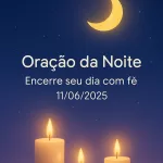 Imagem vertical 1000x1500 pixels otimizada para Pinterest com fundo de céu noturno azul-escuro profundo estrelado. Uma lua dourada suave e serena brilha no céu, acompanhada por luzes douradas de velas que emanam um brilho acolhedor e pacífico. O fundo apresenta transições suaves em lilás, criando uma atmosfera tranquila e espiritual. No centro da imagem, o texto em branco, em fonte limpa e suave (Montserrat, Raleway ou Lato), diz: 'Oração da Noite – Encerre seu dia com fé 11/06/2025', claramente legível e harmoniosamente posicionado para não interferir nos elementos visuais. O design é minimalista, profissional e acolhedor, transmitindo paz e espiritualidade, ideal para conteúdo de oração e meditação noturna.