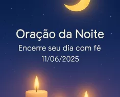 Imagem vertical 1000x1500 pixels otimizada para Pinterest com fundo de céu noturno azul-escuro profundo estrelado. Uma lua dourada suave e serena brilha no céu, acompanhada por luzes douradas de velas que emanam um brilho acolhedor e pacífico. O fundo apresenta transições suaves em lilás, criando uma atmosfera tranquila e espiritual. No centro da imagem, o texto em branco, em fonte limpa e suave (Montserrat, Raleway ou Lato), diz: 'Oração da Noite – Encerre seu dia com fé 11/06/2025', claramente legível e harmoniosamente posicionado para não interferir nos elementos visuais. O design é minimalista, profissional e acolhedor, transmitindo paz e espiritualidade, ideal para conteúdo de oração e meditação noturna.