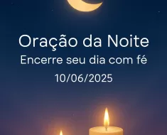 Imagem vertical 1000x1500 pixels otimizada para Pinterest com fundo de céu noturno azul-escuro profundo estrelado. Uma lua dourada suave e serena brilha no céu, acompanhada por luzes douradas de velas que emanam um brilho acolhedor e pacífico. O design é minimalista e limpo, transmitindo uma atmosfera tranquila e espiritual. O texto centralizado em branco, com fonte suave e legível (Montserrat, Raleway ou Lato), diz: 'Oração da Noite – Encerre seu dia com fé 10/06/2025'. A paleta de cores inclui azul-escuro, lilás suave para transições, branco para o texto e dourado para a lua e luz das velas, criando uma sensação reconfortante e serena, ideal para conteúdo de oração e meditação noturna.