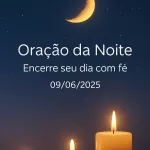 Imagem vertical 1000x1500 pixels otimizada para Pinterest, com fundo de céu noturno azul-escuro profundo estrelado. Uma lua dourada suave e serena brilha no céu, acompanhada por luzes douradas de velas que emanam um brilho acolhedor e pacífico. O design é limpo e minimalista, transmitindo uma atmosfera de tranquilidade e espiritualidade. No centro da imagem, o texto em branco, em fonte suave e elegante semelhante a Montserrat ou Raleway, diz: "Oração da Noite – Encerre seu dia com fé 09/06/2025", posicionado de forma harmoniosa para não interferir nos elementos visuais. A paleta de cores inclui azul-escuro, lilás suave, branco e dourado, criando uma sensação reconfortante e serena, ideal para conteúdo de oração e meditação noturna.