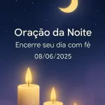 Imagem vertical 1000x1500 pixels otimizada para Pinterest com fundo de céu noturno azul-escuro profundo estrelado. Uma lua dourada suave e serena brilha no céu, acompanhada por luzes douradas de velas que emanam um brilho acolhedor e pacífico. O design é minimalista e limpo, transmitindo uma atmosfera tranquila e espiritual. O texto centralizado em branco, com fonte suave e legível, diz: "Oração da Noite – Encerre seu dia com fé 08/06/2025". A paleta de cores inclui azul-escuro, lilás suave, branco e dourado, criando uma sensação reconfortante e serena, ideal para conteúdo de oração e meditação noturna.