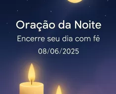 Imagem vertical 1000x1500 pixels otimizada para Pinterest com fundo de céu noturno azul-escuro profundo estrelado. Uma lua dourada suave e serena brilha no céu, acompanhada por luzes douradas de velas que emanam um brilho acolhedor e pacífico. O design é minimalista e limpo, transmitindo uma atmosfera tranquila e espiritual. O texto centralizado em branco, com fonte suave e legível, diz: "Oração da Noite – Encerre seu dia com fé 08/06/2025". A paleta de cores inclui azul-escuro, lilás suave, branco e dourado, criando uma sensação reconfortante e serena, ideal para conteúdo de oração e meditação noturna.