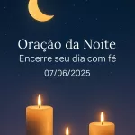 Imagem vertical 1000x1500 pixels otimizada para Pinterest com fundo de céu noturno azul-escuro profundo estrelado. Uma lua dourada suave e serena brilha no céu, acompanhada por luzes de velas douradas que emanam um brilho acolhedor e pacífico. O fundo apresenta transições suaves em lilás, criando uma atmosfera tranquila e reconfortante. No centro da imagem, o texto em branco "Oração da Noite – Encerre seu dia com fé 07/06/2025" está escrito em fonte elegante e legível, como Montserrat ou Raleway. O design é limpo, minimalista e transmite uma sensação de paz e espiritualidade, ideal para conteúdo de oração e meditação noturna, com alta qualidade visual para compartilhamento em redes sociais, especialmente Pinterest.