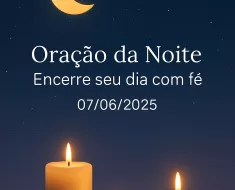 Imagem vertical 1000x1500 pixels otimizada para Pinterest com fundo de céu noturno azul-escuro profundo estrelado. Uma lua dourada suave e serena brilha no céu, acompanhada por luzes de velas douradas que emanam um brilho acolhedor e pacífico. O fundo apresenta transições suaves em lilás, criando uma atmosfera tranquila e reconfortante. No centro da imagem, o texto em branco "Oração da Noite – Encerre seu dia com fé 07/06/2025" está escrito em fonte elegante e legível, como Montserrat ou Raleway. O design é limpo, minimalista e transmite uma sensação de paz e espiritualidade, ideal para conteúdo de oração e meditação noturna, com alta qualidade visual para compartilhamento em redes sociais, especialmente Pinterest.