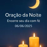 Imagem vertical 1000x1500 pixels otimizada para Pinterest com fundo de céu noturno azul-escuro profundo estrelado. Uma lua dourada suave e serena brilha no céu, acompanhada por luzes douradas de velas que emanam um brilho acolhedor e pacífico. O design é limpo e minimalista, transmitindo uma atmosfera de tranquilidade e espiritualidade. No centro da imagem, o texto em branco, em fonte suave e elegante (Montserrat, Raleway ou Lato), diz: "Oração da Noite – Encerre seu dia com fé 06/06/2025", com posicionamento harmonioso que não interfere nos elementos visuais. A paleta de cores inclui azul-escuro, lilás suave, branco e dourado, criando uma sensação reconfortante e serena, ideal para conteúdo de oração e meditação noturna.