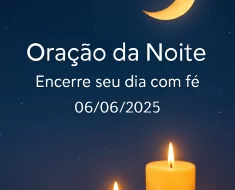Imagem vertical 1000x1500 pixels otimizada para Pinterest com fundo de céu noturno azul-escuro profundo estrelado. Uma lua dourada suave e serena brilha no céu, acompanhada por luzes douradas de velas que emanam um brilho acolhedor e pacífico. O design é limpo e minimalista, transmitindo uma atmosfera de tranquilidade e espiritualidade. No centro da imagem, o texto em branco, em fonte suave e elegante (Montserrat, Raleway ou Lato), diz: "Oração da Noite – Encerre seu dia com fé 06/06/2025", com posicionamento harmonioso que não interfere nos elementos visuais. A paleta de cores inclui azul-escuro, lilás suave, branco e dourado, criando uma sensação reconfortante e serena, ideal para conteúdo de oração e meditação noturna.