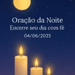 Imagem vertical 1000x1500 pixels otimizada para Pinterest com fundo de céu noturno azul-escuro profundo estrelado. Uma lua dourada suave e serena brilha no céu, acompanhada por luzes douradas de velas que criam uma atmosfera acolhedora e tranquila. Elementos visuais transmitem paz e espiritualidade, com transições em lilás suave. No centro da imagem, o texto em branco "Oração da Noite – Encerre seu dia com fé 04/06/2025" está escrito em fonte elegante e suave, legível e harmoniosamente posicionado, complementando o design limpo, minimalista e reconfortante, ideal para conteúdo de oração e meditação noturna.