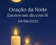 Imagem vertical 1000x1500 pixels otimizada para Pinterest com fundo de céu noturno azul-escuro profundo estrelado. Uma lua dourada suave e serena brilha no céu, acompanhada por luzes douradas de velas que criam uma atmosfera acolhedora e tranquila. Elementos visuais transmitem paz e espiritualidade, com transições em lilás suave. No centro da imagem, o texto em branco "Oração da Noite – Encerre seu dia com fé 04/06/2025" está escrito em fonte elegante e suave, legível e harmoniosamente posicionado, complementando o design limpo, minimalista e reconfortante, ideal para conteúdo de oração e meditação noturna.