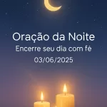 Imagem vertical 1000x1500 pixels otimizada para Pinterest com fundo de céu noturno azul-escuro profundo estrelado. Uma lua dourada suave e serena brilha no céu, acompanhada por luzes douradas de velas que emanam um brilho acolhedor e pacífico. O fundo apresenta transições suaves em lilás, criando uma atmosfera tranquila e espiritual. No centro da imagem, o texto em branco, em fonte Montserrat ou Raleway, está claramente legível e diz: "Oração da Noite – Encerre seu dia com fé 03/06/2025". O design é limpo, minimalista e transmite uma sensação de paz e serenidade, ideal para conteúdo de oração e meditação noturna.