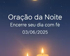 Imagem vertical 1000x1500 pixels otimizada para Pinterest com fundo de céu noturno azul-escuro profundo estrelado. Uma lua dourada suave e serena brilha no céu, acompanhada por luzes douradas de velas que emanam um brilho acolhedor e pacífico. O fundo apresenta transições suaves em lilás, criando uma atmosfera tranquila e espiritual. No centro da imagem, o texto em branco, em fonte Montserrat ou Raleway, está claramente legível e diz: "Oração da Noite – Encerre seu dia com fé 03/06/2025". O design é limpo, minimalista e transmite uma sensação de paz e serenidade, ideal para conteúdo de oração e meditação noturna.