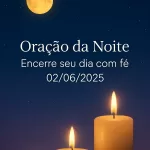 Imagem vertical 1000x1500 pixels otimizada para Pinterest com fundo de céu noturno azul-escuro profundo estrelado. Uma lua dourada suave e serena brilha no céu, acompanhada por luzes douradas de velas que emanam um brilho acolhedor e pacífico. O fundo apresenta transições suaves em lilás, criando uma atmosfera tranquila e reconfortante. No centro da imagem, o texto em branco, em fonte elegante e suave (Montserrat ou Raleway), diz: "Oração da Noite – Encerre seu dia com fé 02/06/2025", claramente legível e harmoniosamente posicionado para não interferir nos elementos visuais. O design é limpo, minimalista, transmitindo paz, espiritualidade e serenidade, ideal para conteúdo de oração e meditação noturna.