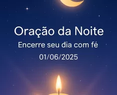 Imagem vertical 1000x1500 pixels otimizada para Pinterest com fundo de céu noturno azul-escuro profundo estrelado. Uma lua dourada suave e serena brilha no céu, acompanhada por luzes de velas douradas que emanam um brilho acolhedor e pacífico. O design é minimalista e limpo, transmitindo uma atmosfera de tranquilidade e paz espiritual. O texto centralizado em branco, com fonte suave e legível estilo Montserrat ou Raleway, diz: 'Oração da Noite – Encerre seu dia com fé 01/06/2025'. A paleta de cores inclui azul-escuro, lilás suave para transições, branco para o texto e dourado para a lua e luz das velas, criando uma sensação reconfortante e serena, ideal para conteúdo de oração e meditação noturna.