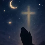 Imagem serena e inspiradora para oração cristã noturna, mostrando um céu noturno profundo em tons de azul escuro e roxo, com uma lua crescente suave e estrelas brilhantes. Elementos dourados e prateados simbolizam a luz divina e a esperança na escuridão. Ao fundo, uma cruz delicadamente iluminada e mãos em oração em silhueta, transmitindo paz, fé e proteção divina, ideal para um blog cristão que deseja passar serenidade e descanso espiritual.