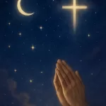 Imagem inspiradora e serena para oração cristã noturna, mostrando um céu noturno pacífico com tons profundos de azul e roxo escuro. Uma lua crescente suave brilha no céu, acompanhada por estrelas cintilantes. Elementos de luz dourada e prateada simbolizam esperança divina e luz na escuridão. Uma cruz suave e luminosa e mãos em oração estão integradas delicadamente na cena, transmitindo fé, proteção divina e serenidade. A atmosfera geral é calma, pacífica e espiritualmente edificante, ideal para um blog cristão que deseja transmitir paz e descanso noturno.