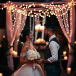 Casal apaixonado celebrando aniversário de casamento em um jardim iluminado por velas.