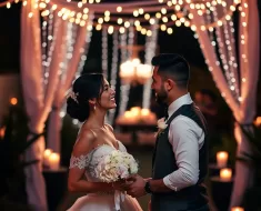 Casal apaixonado celebrando aniversário de casamento em um jardim iluminado por velas.
