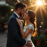 Casal apaixonado se abraçando em um jardim iluminado, celebrando o aniversário de casamento.