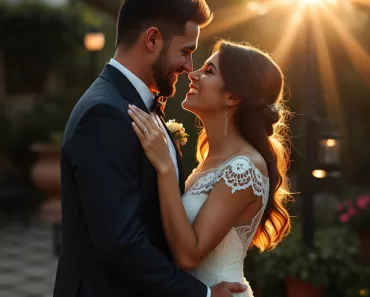 Casal apaixonado se abraçando em um jardim iluminado, celebrando o aniversário de casamento.