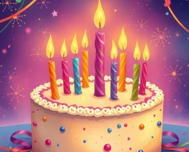 Bolo de aniversário colorido com velas e balões, simbolizando celebração e novo começo.