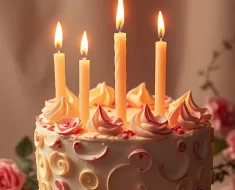 Bolo de aniversário elegante com velas e confetes dourados, simbolizando celebração e alegria.