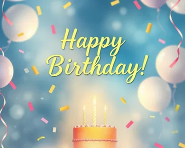 Cena inspiradora e acolhedora de aniversário com iluminação suave, balões e confetes, focando na alegria e novos começos, em estilo aquarela/pastel com tons de azul, amarelo e rosa.