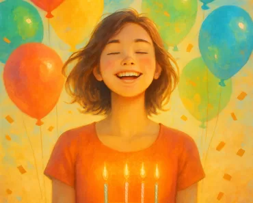 Imagem inspiradora de aniversário com balões coloridos, confetes dourados, celebrando a vida e os sonhos, ideal para Pinterest.