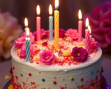 Bolo de aniversário decorado com velas e confetes em estilo Pinterest.