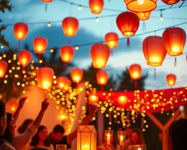 Cenário de celebração de aniversário inspirador com luzes quentes e lanternas flutuantes, transmitindo esperança e novos começos.